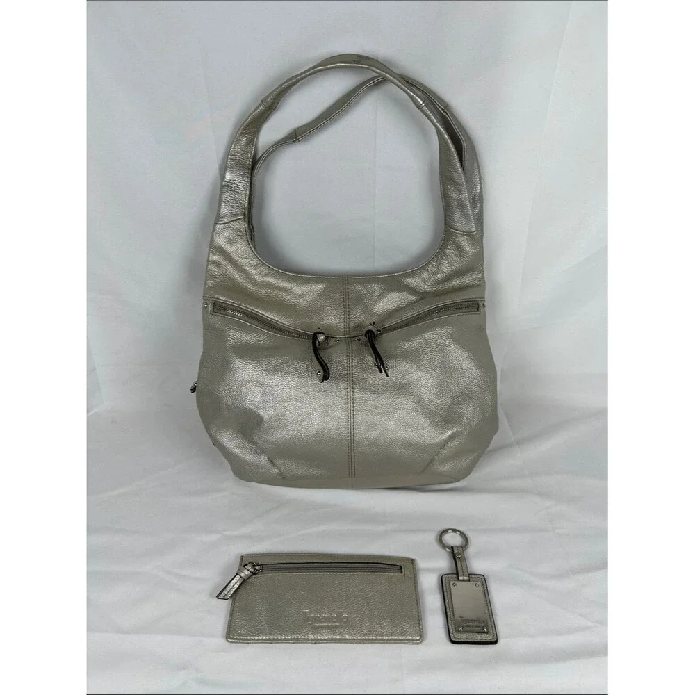 Tignanello Leather Metallic Silver Hobo Bag with Matching Wallet And Keyring